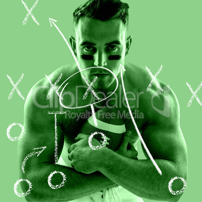 Composite image of shirtless american football player with ball