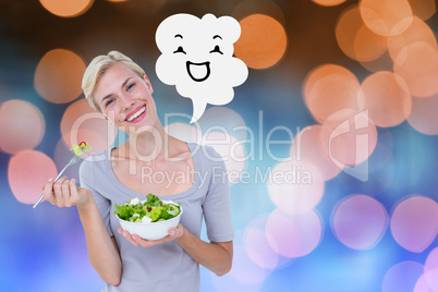 Composite image of happy blonde woman holding bowl of salad