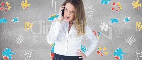 Composite image of angry businesswoman talking on mobile phone