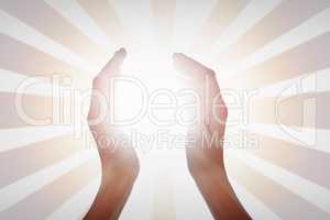 Composite image of woman presenting with her hands