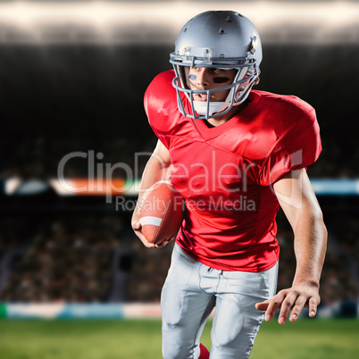 Composite image of sportsman running while playing american foot