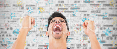 Composite image of football player screaming while clenching fis