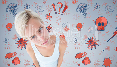 Composite image of upset woman looking at camera