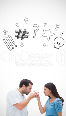 Composite image of angry couple pointing at each other