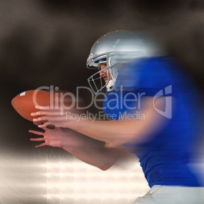 Composite image of american football player running while catchi