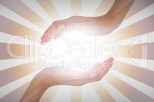 Composite image of woman presenting with her hands