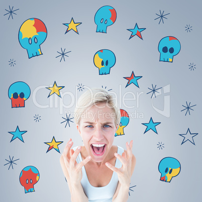 Composite image of upset woman yelling with hands up