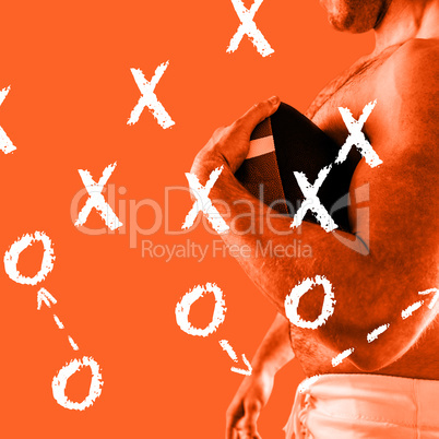 Composite image of shirtless american football player with ball Composite image of shirtless american football player with ball