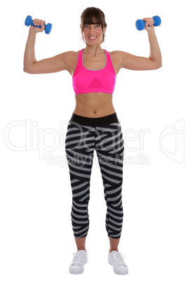 Fitness Frau beim Sport Workout Training mit Hanteln Übung Rüc