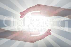 Composite image of woman presenting with her hand
