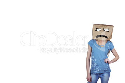 Composite image of woman posing with bag on head