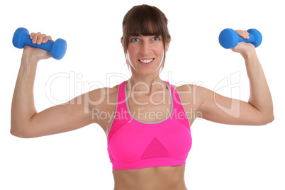 Fitness Workout Frau beim Sport Training mit Hanteln Übung Rüc