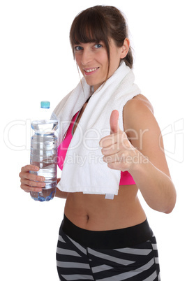 Fitness Sport Frau mit trinken Flasche Wasser zeigt Daumen hoch