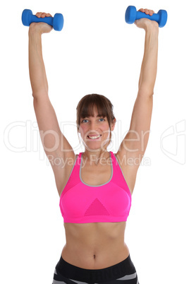 Fitness Workout Frau beim Sport Training mit Hanteln Übung Frei