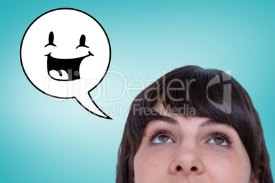 Composite image of close up of woman looking up