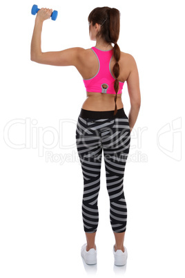 Fitness Workout junge Frau beim Sport Training hält Hantel Ganz