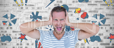Composite image of handsome man screaming while covering ears
