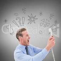 Composite image of businessman shouting at phone
