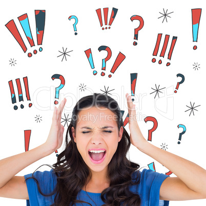 Composite image of angry brunette shouting at camera