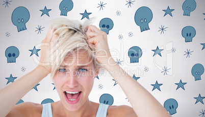 Composite image of stressed woman screaming and holding her head