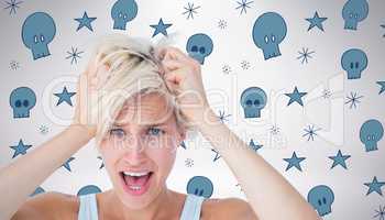 Composite image of stressed woman screaming and holding her head