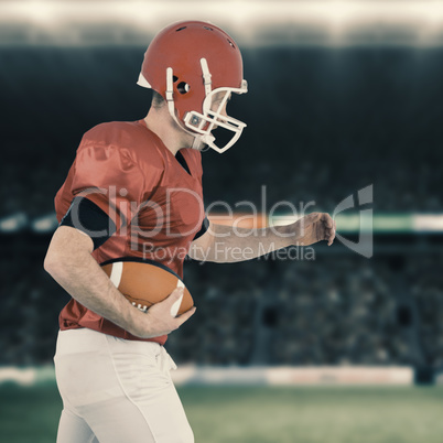 Composite image of american football player running with footbal