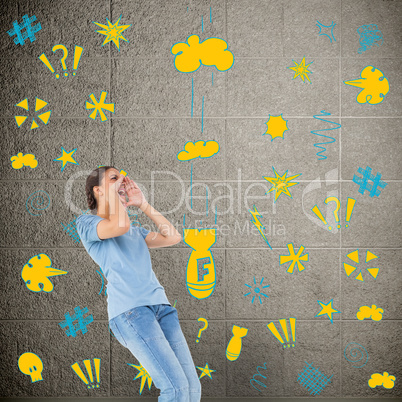 Composite image of pretty brunette shouting