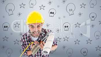 Composite image of frustrated handyman holding various tools