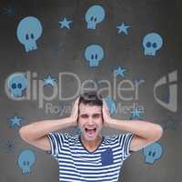 Composite image of handsome man screaming while covering ears