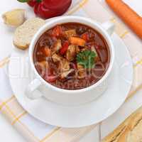 Gulasch Suppe Gulaschsuppe gesunde Ernährung mit Baguette, Flei