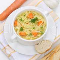 Nudelsuppe Suppe gesunde Ernährung Brühe in Suppentasse mit Ba