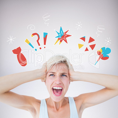 Composite image of angry blonde screaming and holding her head