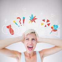 Composite image of angry blonde screaming and holding her head