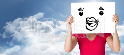 Composite image of woman in pink t-shirt showing card