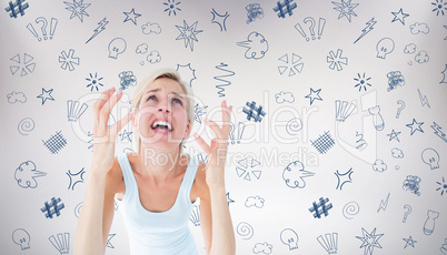 Composite image of upset woman yelling with hands up