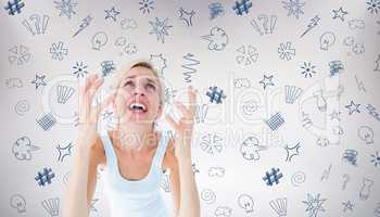 Composite image of upset woman yelling with hands up