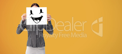 Composite image of businesswoman showing a white card in front o Composite image of businesswoman showing a white card in front o
