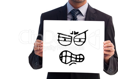 Composite image of serious businessman holding a white card