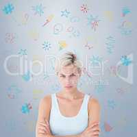 Composite image of upset blonde looking at camera with arms cros