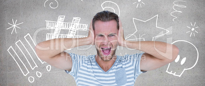 Composite image of handsome man screaming while covering ears