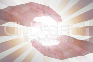 Composite image of woman presenting with her hand