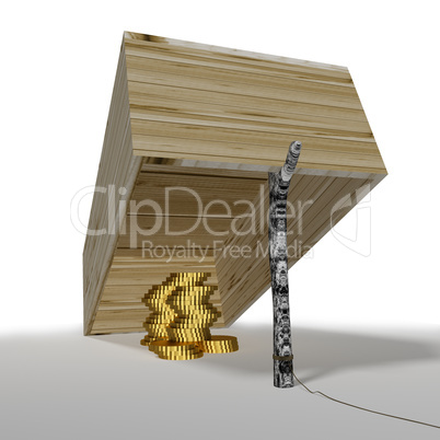 Wooden box trap with money