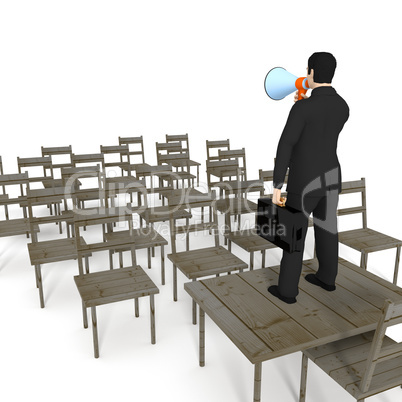 Businessman with megaphone speaking to empty chairs