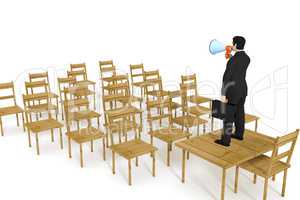 Businessman with megaphone speaking to empty chairs