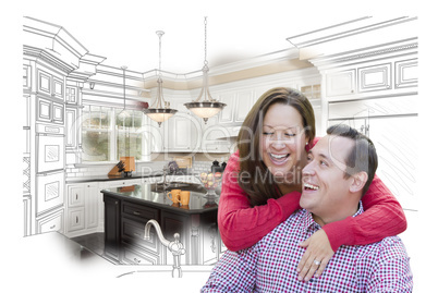 Laughing Couple With Kitchen Design Drawing and Photo Behind