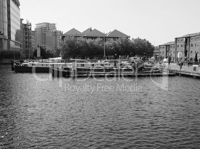 Black and white West India Quay in London