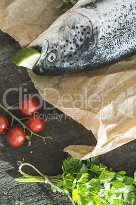 Preparing whole salmon fish for cooking