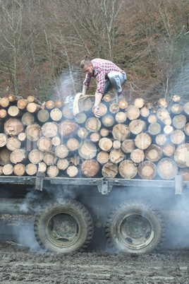 Young man on vintage truck with logs