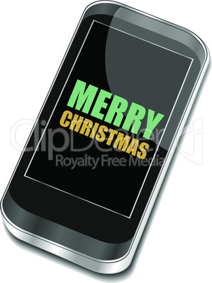 Smart phone with Merry Christmas greetings on the screen, Vector holiday card