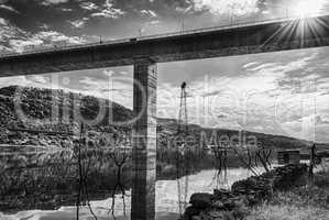 The dam and the bridge on the lake omodeo in black & white